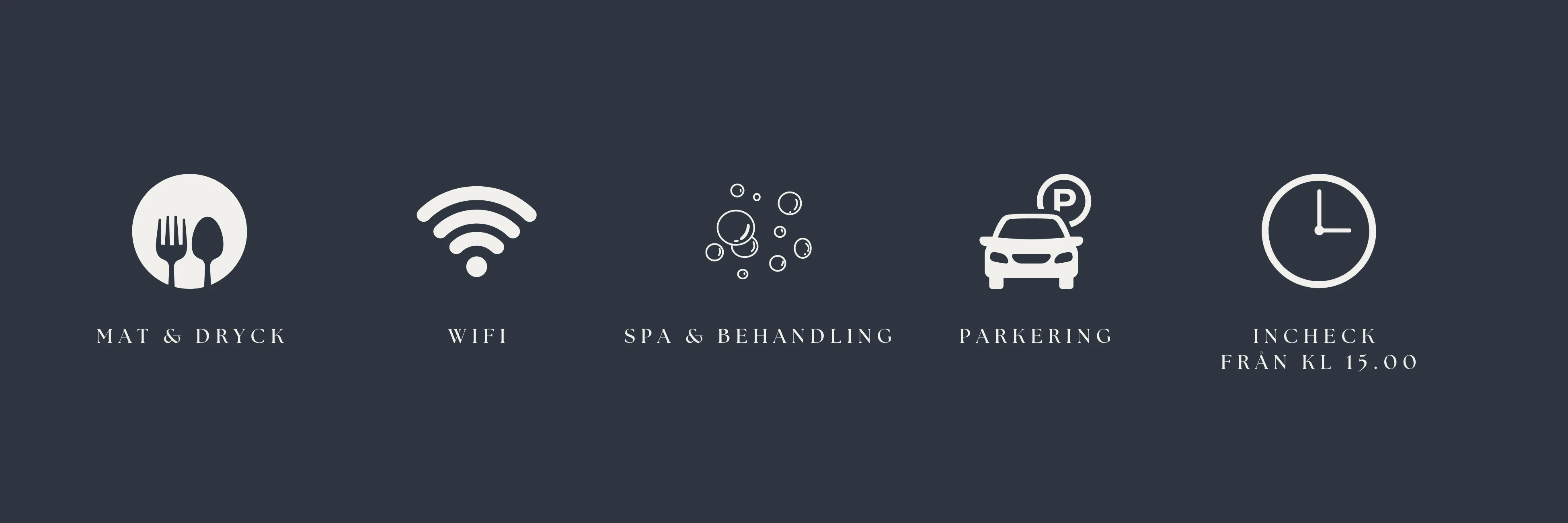 Symboler som representerar faciliteter på Vimmerby Stadshotell: mat och dryck, gratis wifi, spa och behandlingar, parkering samt incheckning från kl. 15.00. 