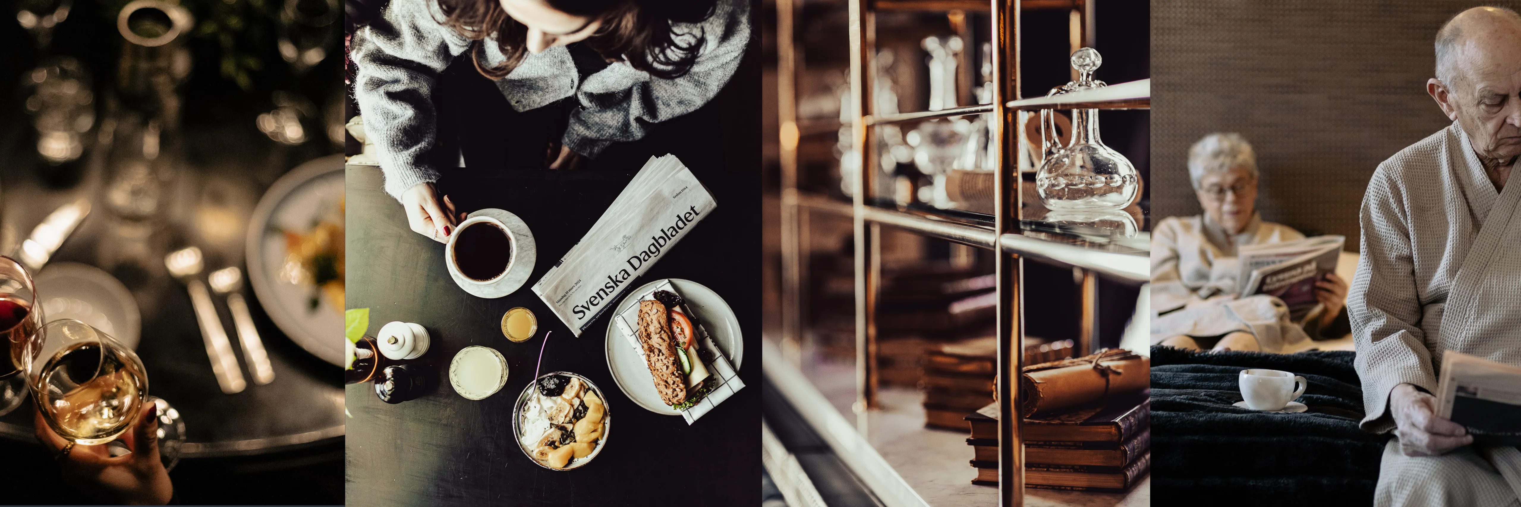 Kollage från Vimmerby Stadshotell med skålande vinglas, morgonkaffe med frukost, bokhylla i restaurangen och ett par i beige morgonrock som njuter av en lugn morgon med kaffe och morgontidning i en skön hotellsäng.