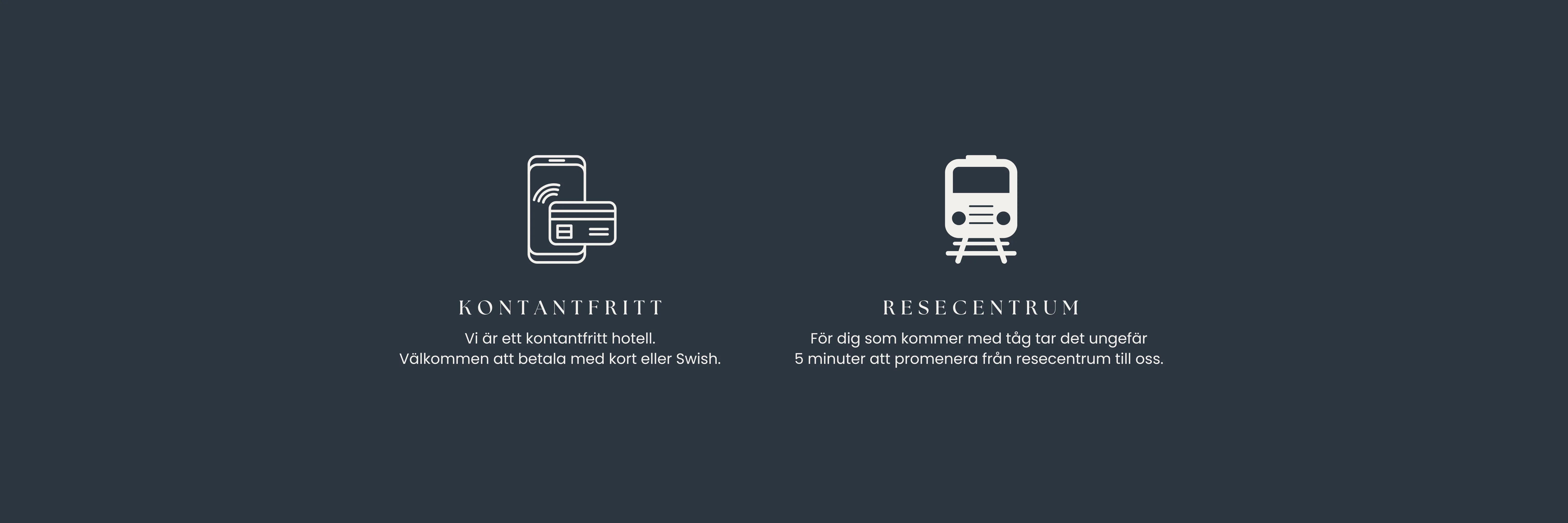 Symboler som visar att Vimmerby Stadshotell är ett kontaktfritt hotell med betalning via Swish och kort. Hotellet ligger bara 5 minuters promenad från resecentrum i Vimmerby.